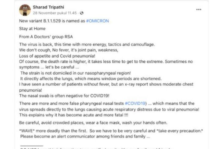 Unggahan hoaks yang menyebut varian COVID-19 Omicron tidak dapat dideteksi dengan tes PCR. (Facebook)