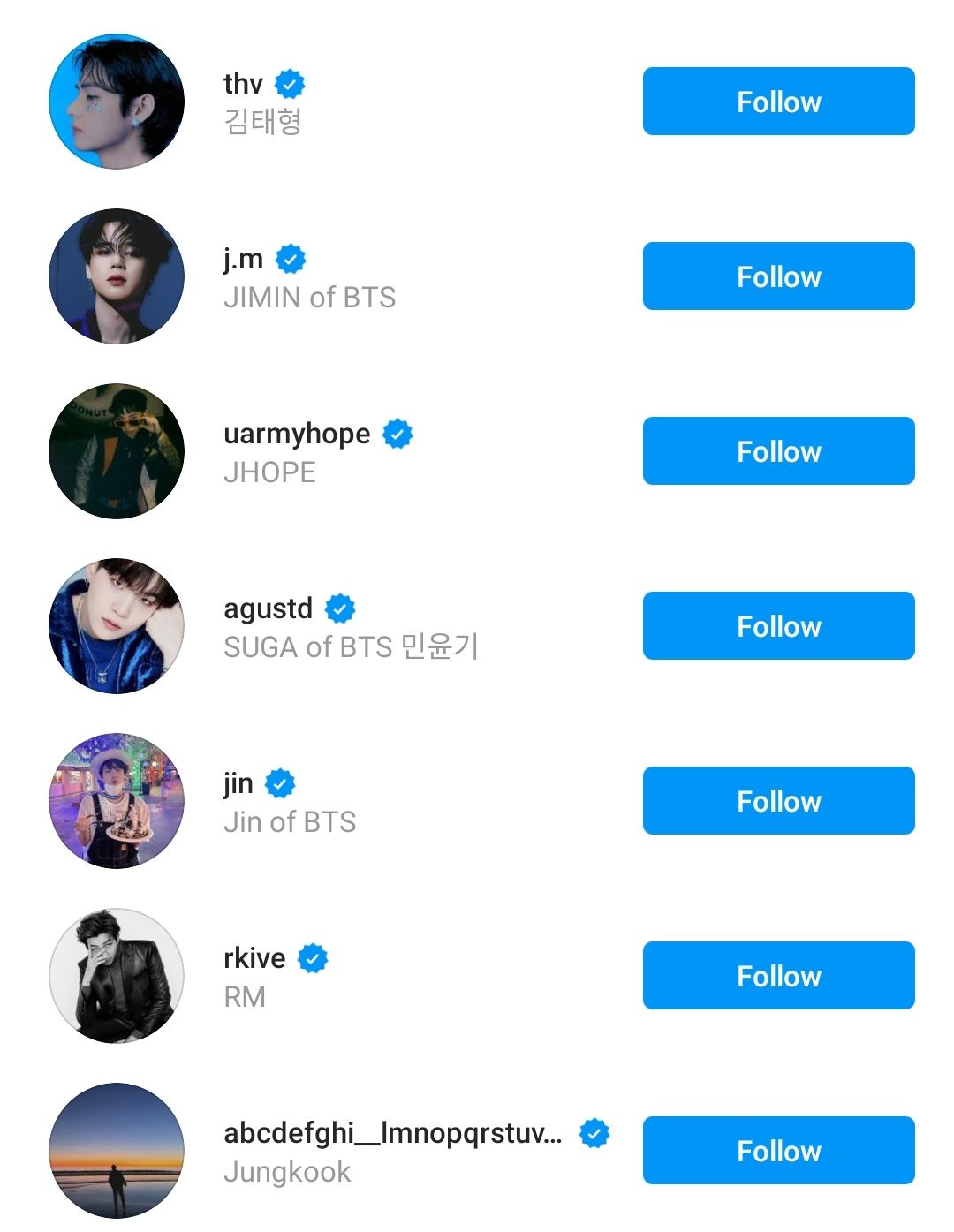 Nama akun Instagram ketujuh anggota BTS. 