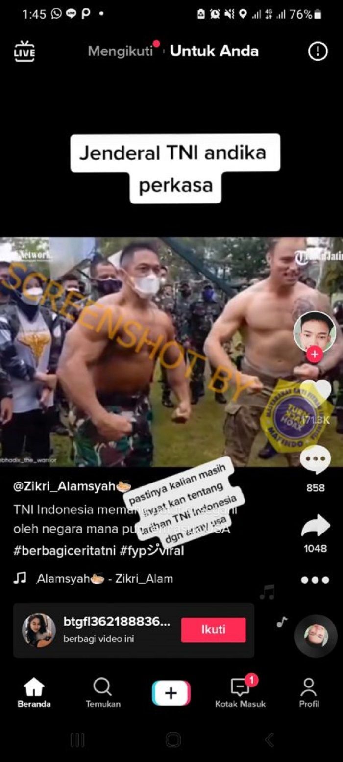 HOAKS - Beredar sebuah video yang menyebut jika Jenderal TNI Andika Perkasa adut otot dengan tentara AS.*