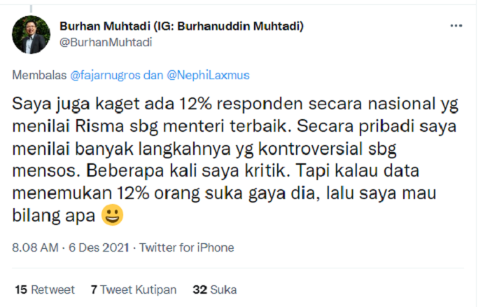 Tweet balasan Burhanudin Muhtadi menanggapi kabar Mensos Risma.