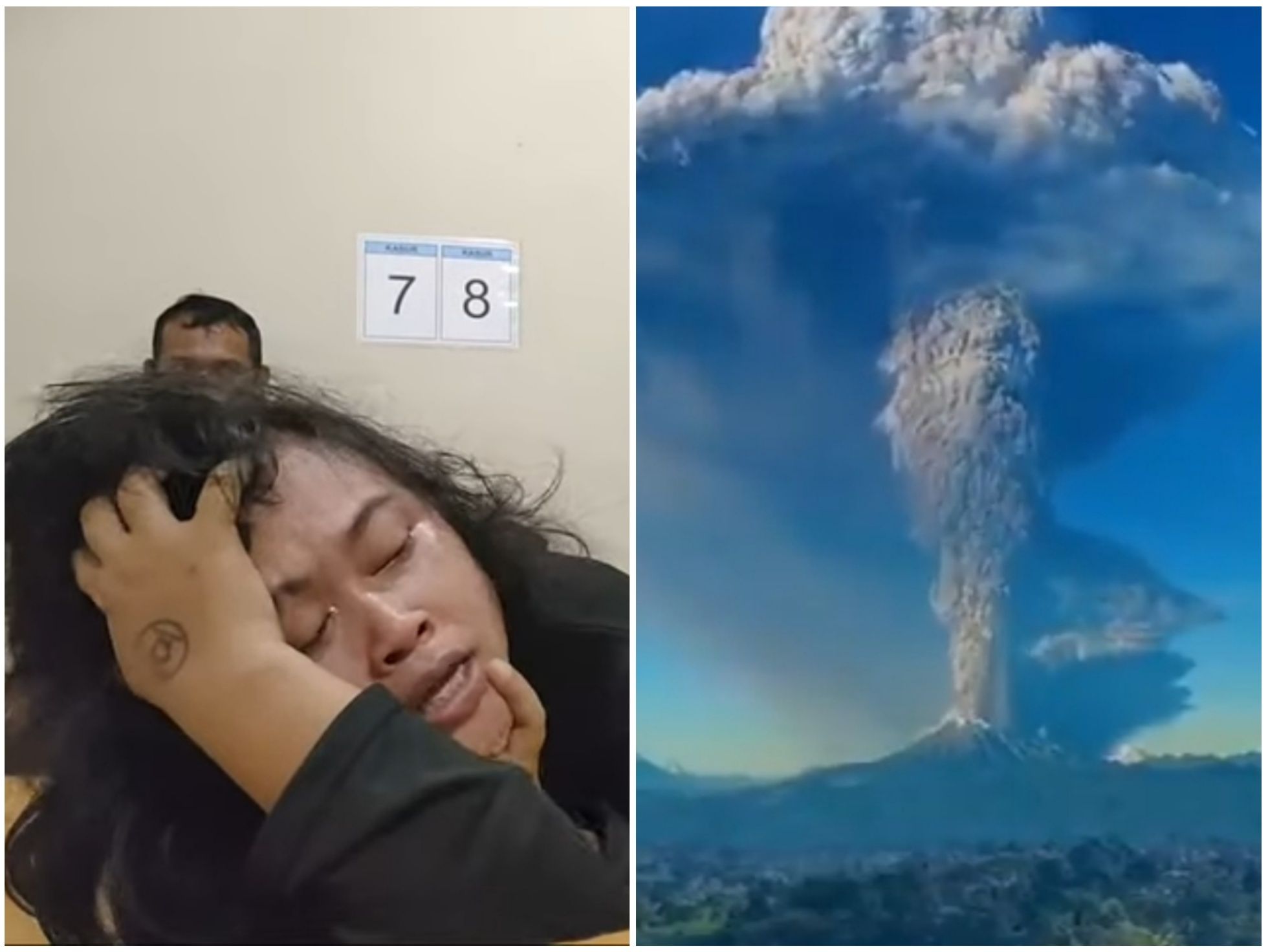 Kolase foto pasien Ningsih Tinampi dan ilustrasi Gunung Semeru erupsi.