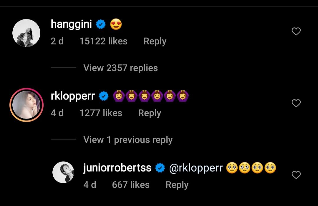 Komentar Hanggini di postingan Instagram Junior Roberts