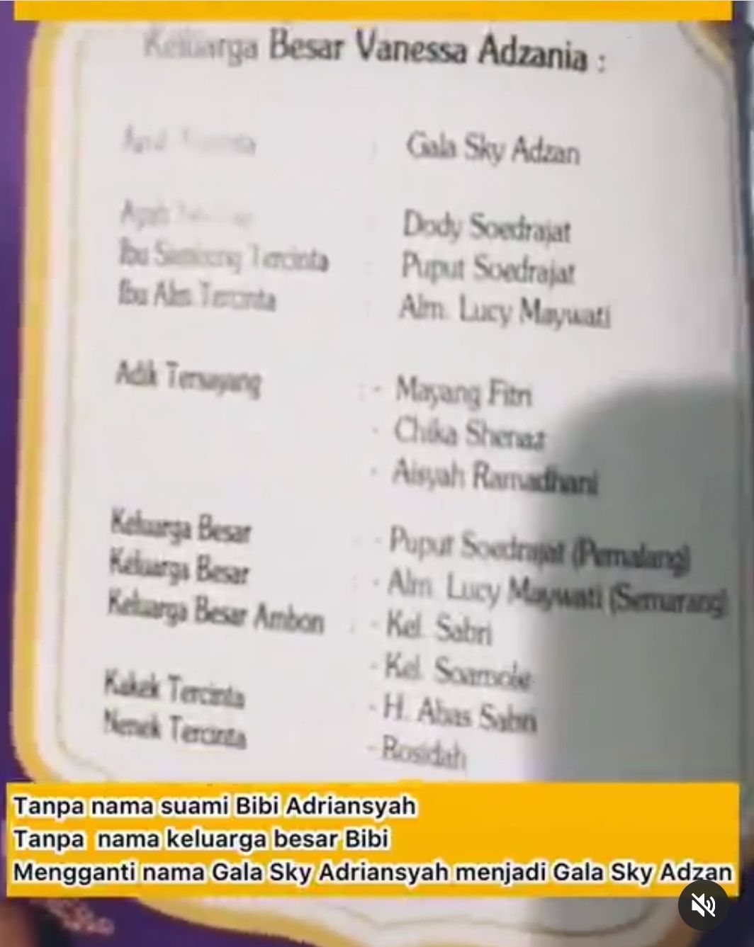 Selain Tak Menulis Nama Bibi Ardiansyah di Buku Yasin Vanessa Angel, Nama Gala Sky Juga Diubah