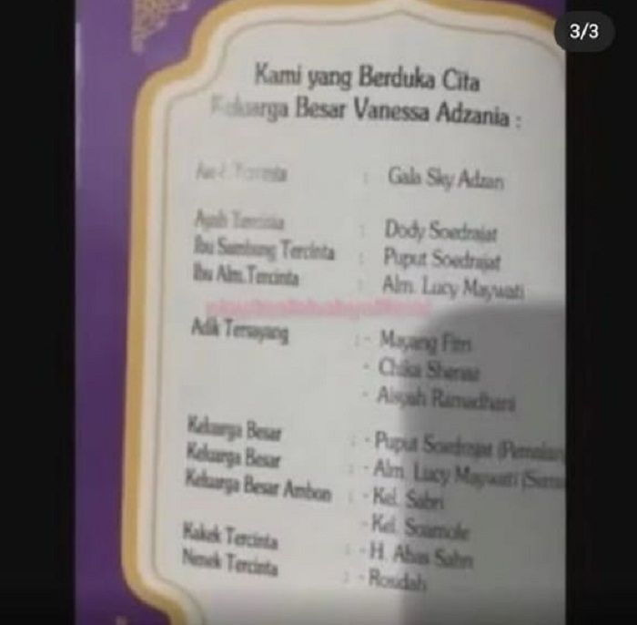 Isi dari buku yasin milik Vanessa Angel yang tidak menyertakan nama keluarga Bibi Ardiansyah dan mengubah nama Gala Sky.