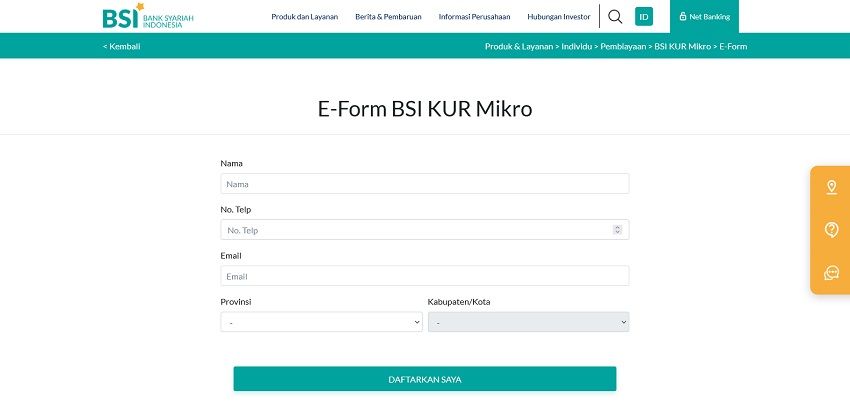 form pengajuan kredit usaha rakyat (KUR) di Bank BSI melalui website bankbsi.co.id