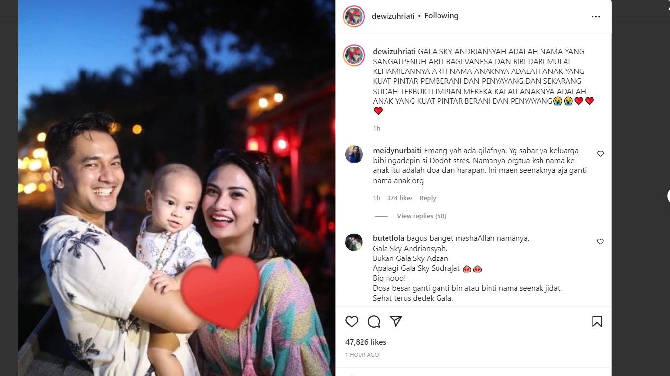 Unggahan Instagram Dewi Zuhriati.