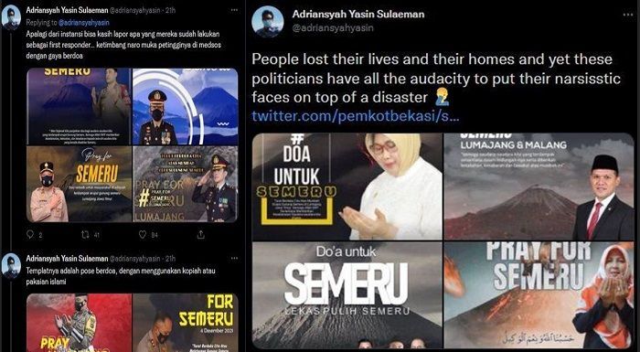 Deretan Foto Narsis Politisi denganlatar belakang Gunung Semeru Satu di antara banyak poster yang dibuat dibagikan akun Twitter @adriansyahyasin.
