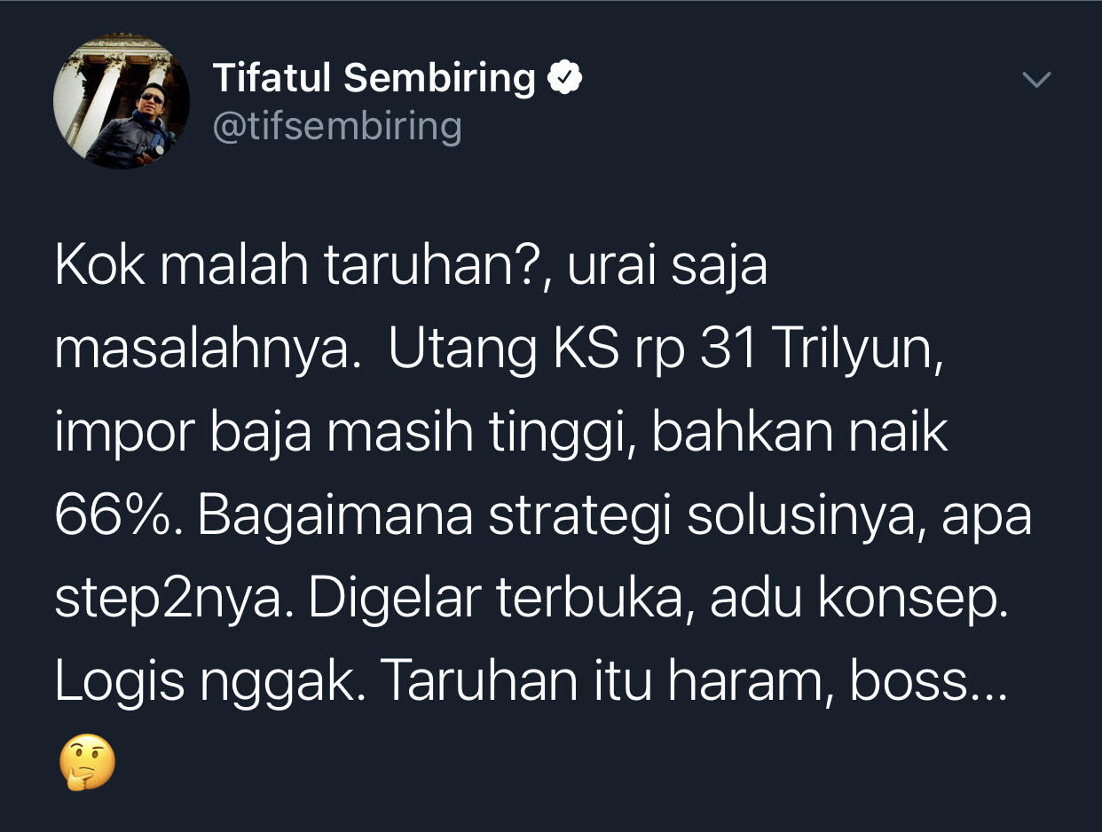 Cuitan Tifatul Sembiring yang merespons soal Menteri BUMN Erick Thohir ditantang taruhan Rp1 miliar mengenai PT Krakatau Steel bangkrut Desember 2021.