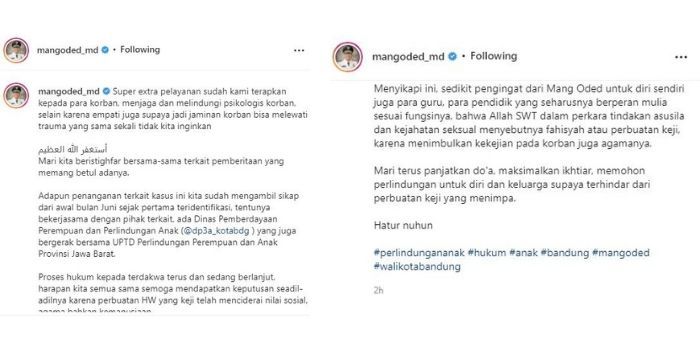 Wali Kota Bandung, Oded M Danial menanggapi kasus pemerkosaan yang dilakukan oleh guru pesantren pada 12 santri.