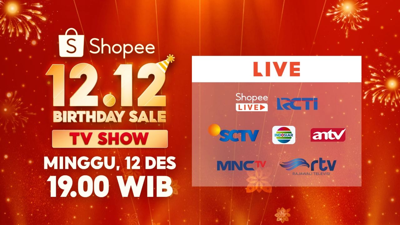 Shopee 12.12 Birthday Sale TV Show bisa ditonton pada 12 Desember 2021 pukul 19.00 WIB di Shopee Live, RCTI, SCTV, Indosiar, ANTV, MNCTV, RTV, dan YouTube Shopee Indonesia. 