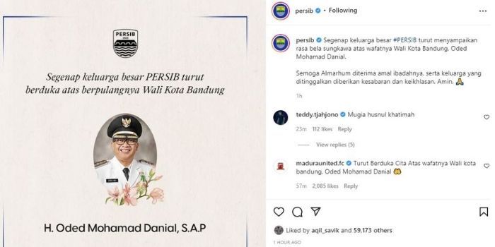 Keluarga besar Persib menyampaikan belasungkawa atas meninggalnya Wali Kota Bandung, Oded M Danial.