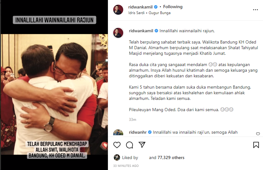 Unggahan Ridwan Kamil soal kepergian Wali Kota Bandung, Oded M Danial.