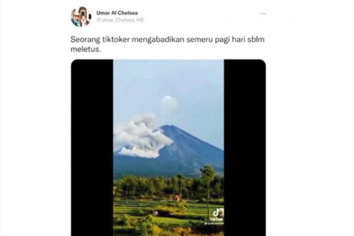 HOAKS - Beredar sebuah cuitan yang menyebut jika ada video TikTok yang merekam sesaat sebelum Gunung Semeru meletus atau erupsi.*