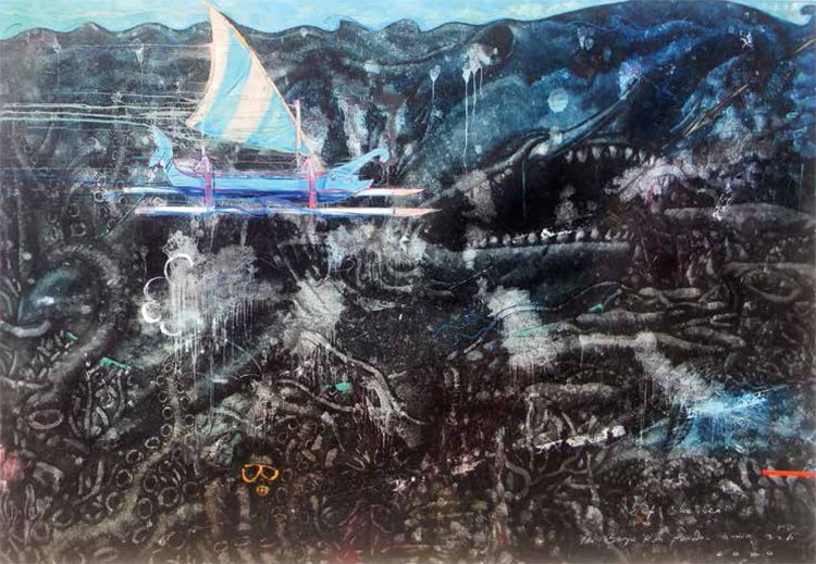 Karya Ida Bagus Putu Purwa berjudul "Last Defense Series", 200 x 285 cm, charcoal & oil on canvas, 2020.