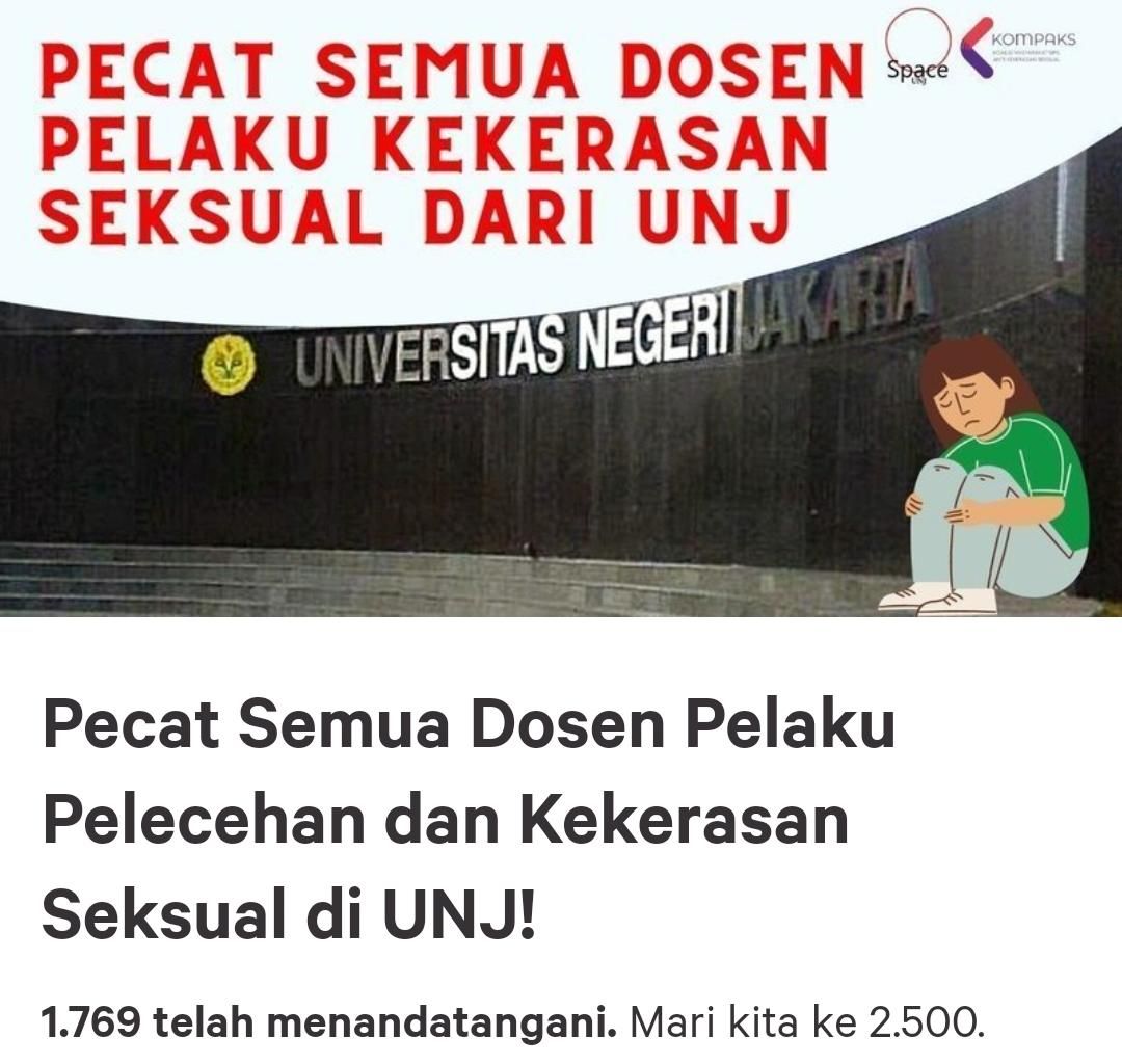 Sebuah petisi muncul berkaitan dengan dugaan pelecehan seksual yang dilakukan oknum dosen UNJ. Sebut setidaknya ada 5 dosen melakukan pelecehen seksual secara verbal.