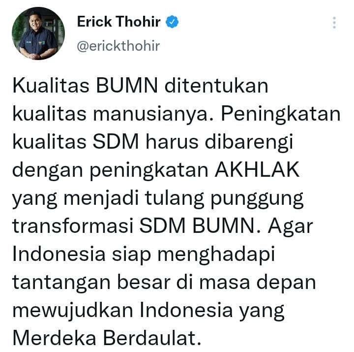 Cuitan Erick Thohir Menteri BUMN/Twitter/@erickthohir.