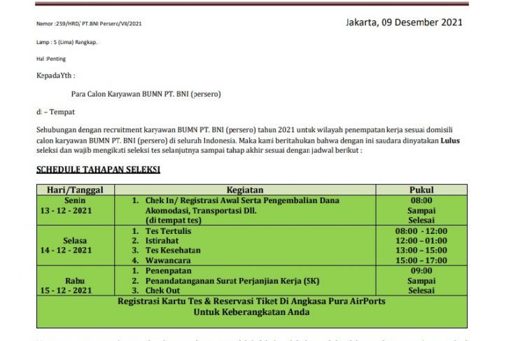 Tangkapan layar hoaks tentang rekrutmen BNI dengan syarat pembayaran tiket pesawat dan penginapan (BNI)