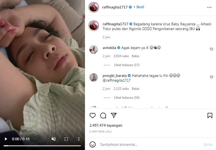 Unggahan Raffi Ahmad yang merekam sang istri Nagita Slavina sedang tertidur pulas dan ngorok banjir pujian dari netizen