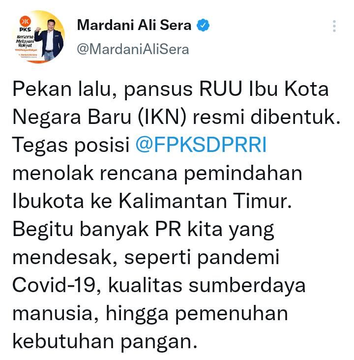 Cuitan Mardani Ali Sera Politisi PKS/Twitter/@MardaniAliSera 
