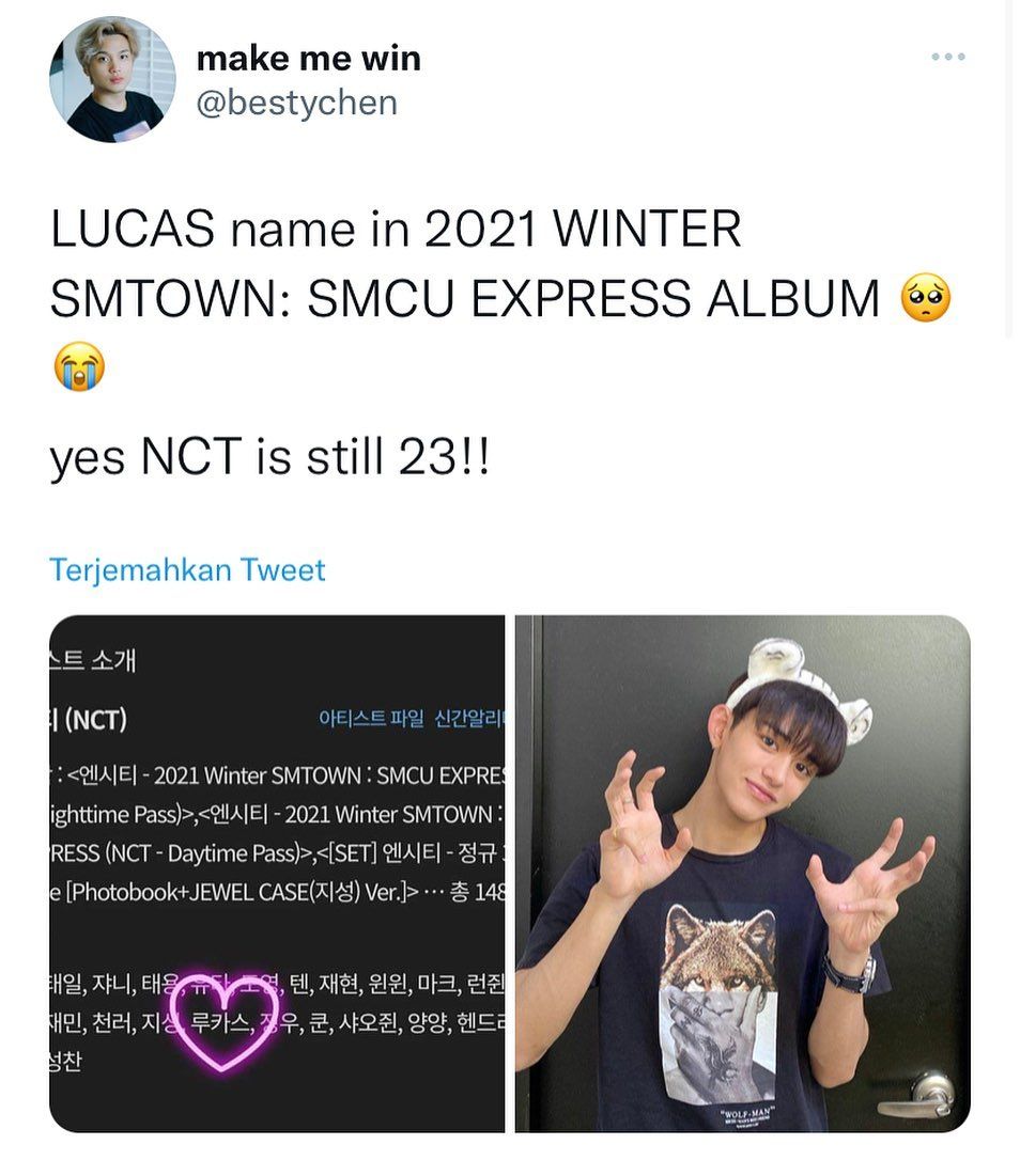 Unggahan yang menunjukkan nama Lucas WayV ikut tertulis di album 2021 Winter SMTOWN SMCU EXPRESS.