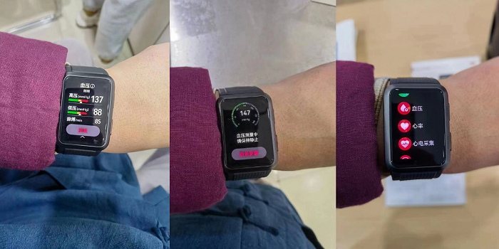 Fitur pelacakan tekanan darah (kiri), pelacakan denyut nadi (tengah), dan menu kesehatan (kanan), yang terdapat di Huawei Watch D.