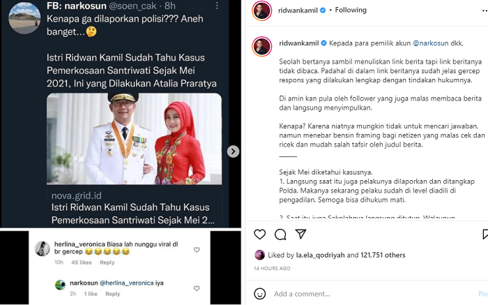Gubernur Jawa Barat (Jabar) Ridwan Kamil menyentil pegiat medsos Narkosun dan Denny Siregar yang disebutnya berniat framing dalam kasus predator seks Herry Wirawan.