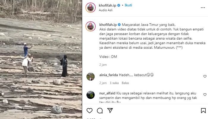 Unggahan Instagram Gubernur Jawa Timur Khofifah Indar Parawansa terkait para remaja yang foto selfie di lokasi bekas erupsi Gunung Semeru