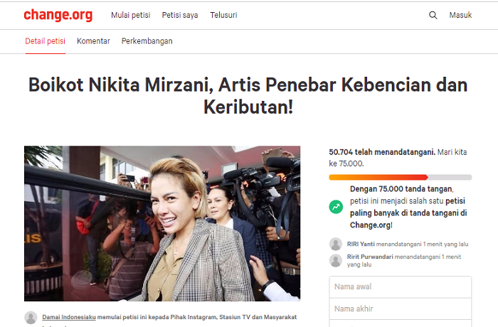 Muncul petisi untuk memboikot Nikita Mirzani karena disebut artis penebar kebencian dan keributan. Sudah ditandatangani 50 ribu orang lebih.*