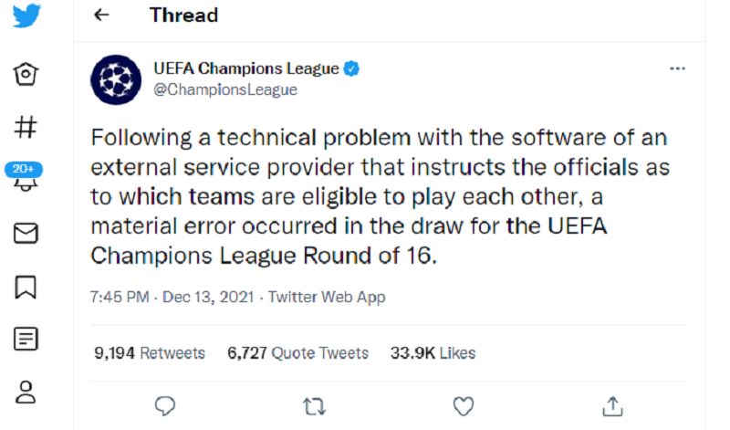 Kesalahan software, Undian 16 Besar Liga Champions yang Diumumkan UEFA Diulang