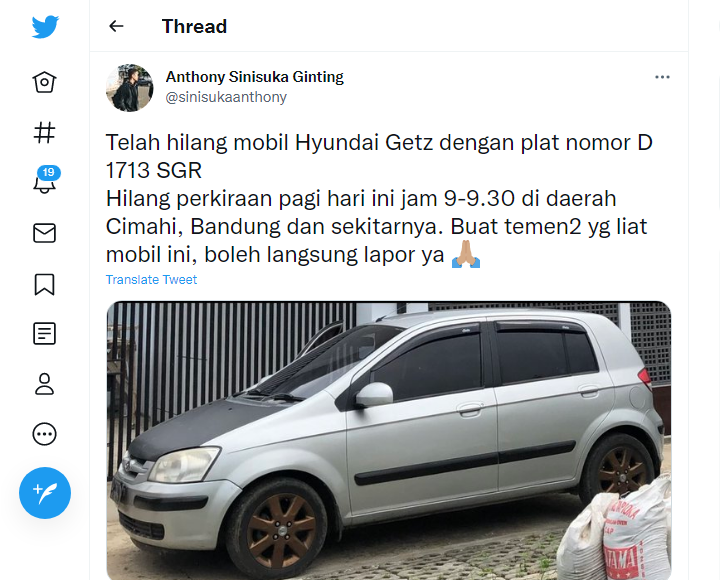 Mobil Hilang Dicuri, Anthony Ginting Umumkan di Medsos: Teman-teman yang lihat mobil ini, boleh langsung lapor