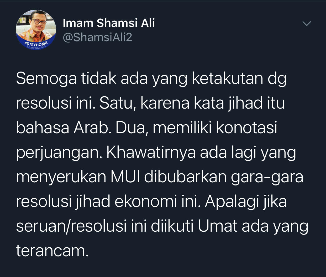 Cuitan Shamsi Ali yang komentari soal resolusi jihad ekonomi umat yang baru dirilis MUI.