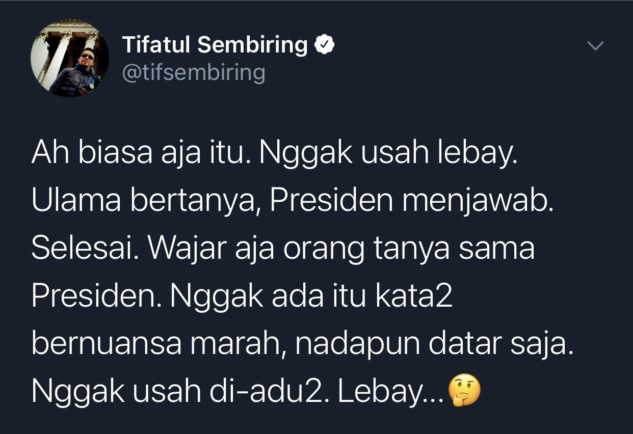 Cuitan Tifatul Sembring soal Jokowi dianggap 'jengkel' ketika menjawab kritik dari Anwar Abbas.