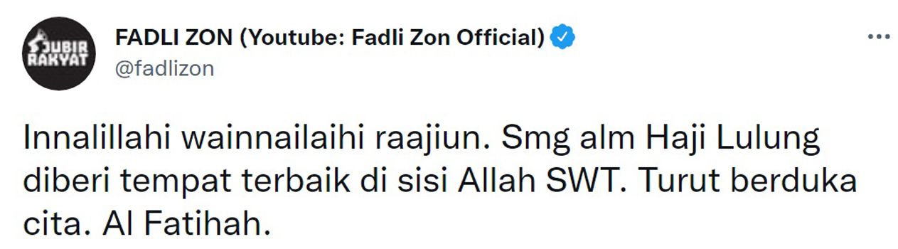 Fadli Zon Ucapkan Duka Cita atas Meninggalnya Haji Lulung