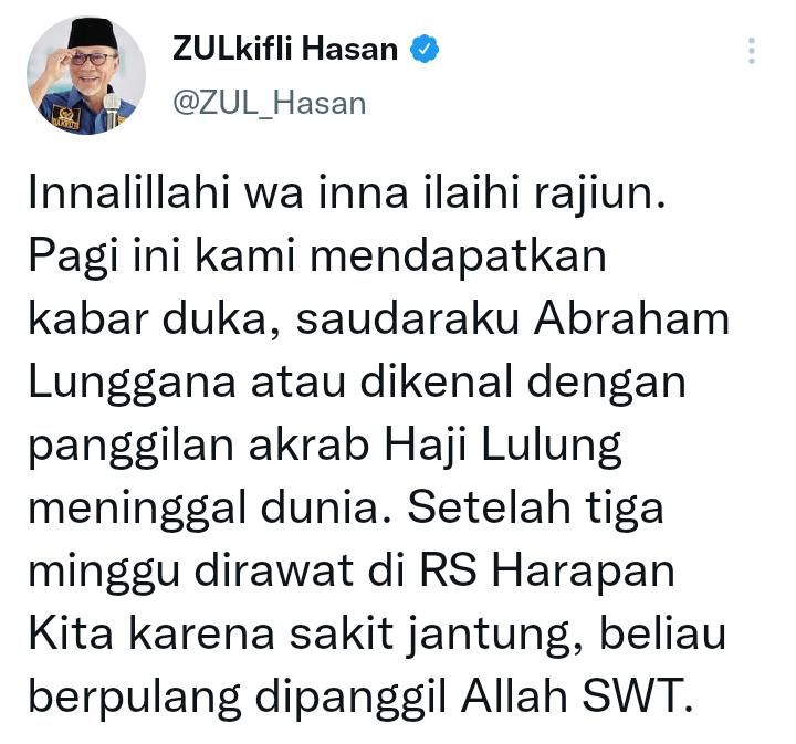 Cuitan Zulkifli Hasan Ketua Umum PAN/Twitter/@ZUL_Hasan.