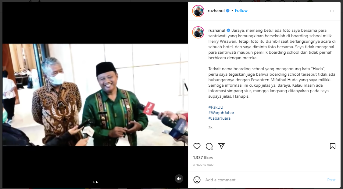 Wakil Gubernur Jawa Barat Uu Ruzhanul buka suara soal tudingan memiliki kedekatan dengan korban Herry Wirawan.