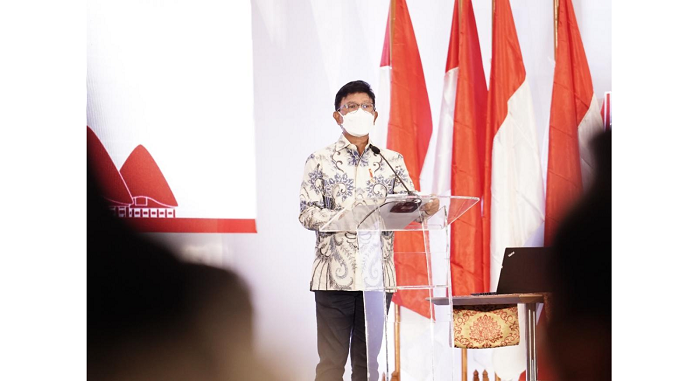 Menteri Komunikasi dan Informatika Johnny G Plate saat menghadiri  Indonesia Smart City Conference, Forum Sistem Pemerintahan Berbasis Elektronik (SPBE) dan Pameran Smart City, di ICE BSD Tangerang, pada hari Selasa, 14 Desember 2021.