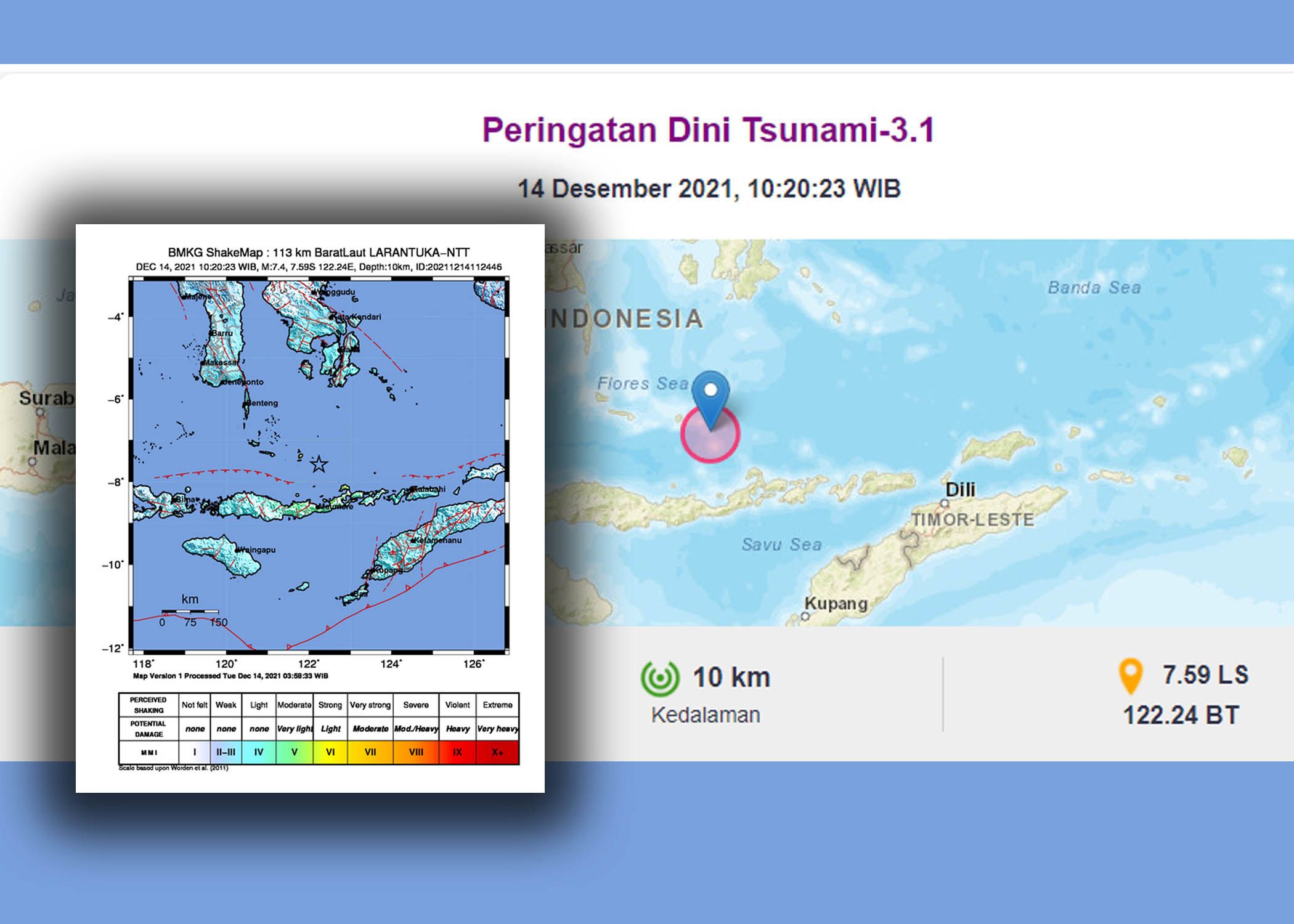 Titik lokasi gempa di wilayah di Flores, NTT, Selasa 14 Desember 2021.
