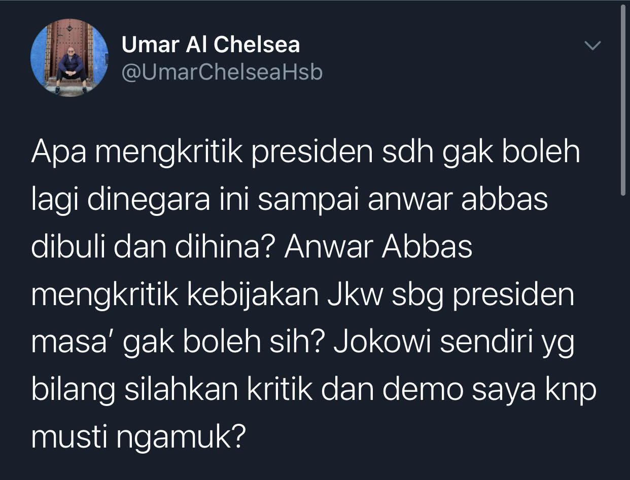 Cuitan Gus Umar yang tampak heran dengan respons Ngabalin atas kritik Anwar Abbas kepada Presiden Jokowi.