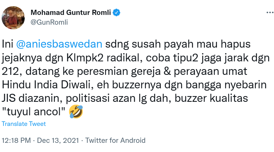Cuitan Guntur Romli yang menyinggung Anies Baswedan.