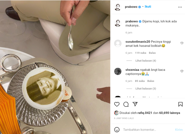 Unggahan di akun Instagram Prabowo Subianto yang mengunggah sebuah foto kopi jamuan yang bergambar wajah dirinya