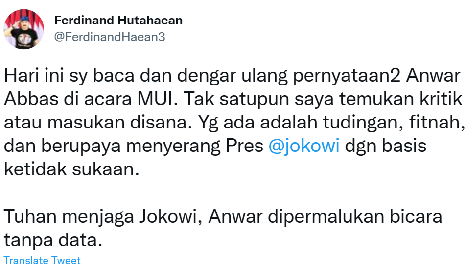 Cuitan Ferdinand Hutahaean menyoroti kritik Anwar Abbas terhadap Jokowi.