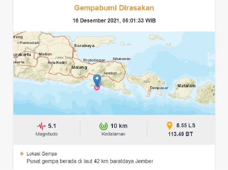 Gempa Bumi Jember, Jatim Dirasakan Hingga III Denpasar, III Kuta, III Legian, II-III Banyuwangi, II Jimbaran, II Puger, II Karangkates, I-II Lumajang, I-II Bondowoso