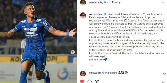 Pesan perpisahan Wander Luiz yang resmi hengkang dari Persib Bandung.