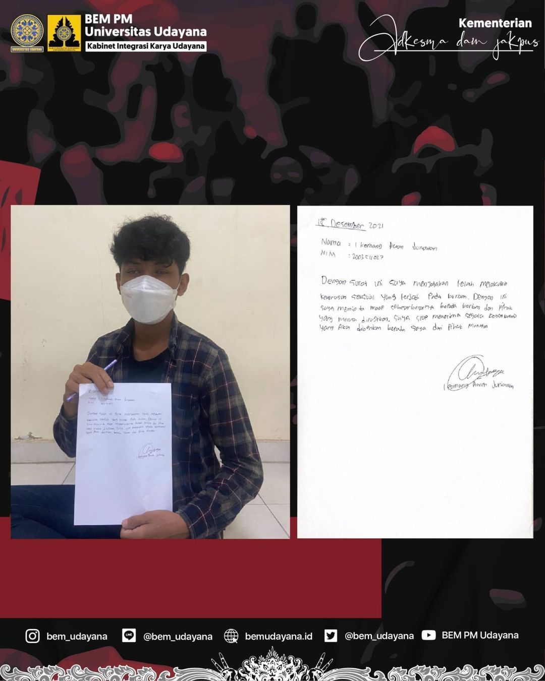 Pelaku pelecehan seksual meminta maaf dan membuat surat pernyataan