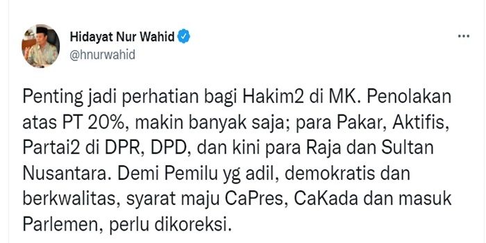 Hidayat Nur Wahid saat bersuara mengenai PT 20 pesen.