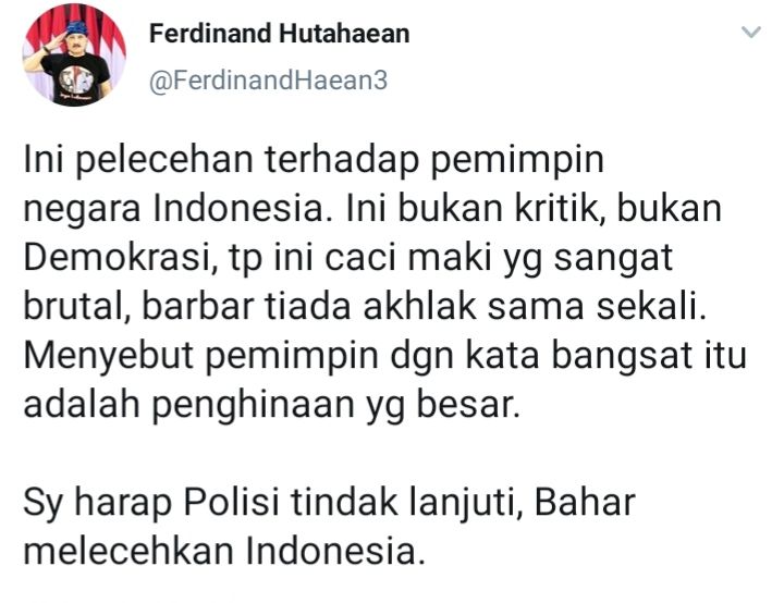 Cuitan Ferdinand Hutahaean menyoroti soal makian kasiar Habib Bahar Smith kepada Presiden Jokowi.