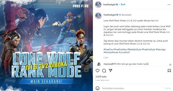Unggahan dari akun Instagram Free Fire Indonesia yang mengumumkan fitur rank mode terbaru bernama Lone Wolf