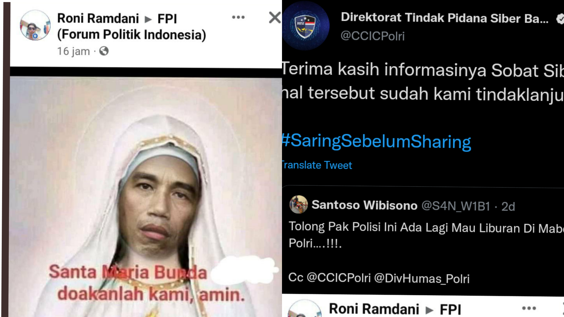 Bareskrim Polri menindaklanjuti pelaporan netizen soal gamabar Jokowi diganti menjadi Bunda Maria, begini lengkapnya.