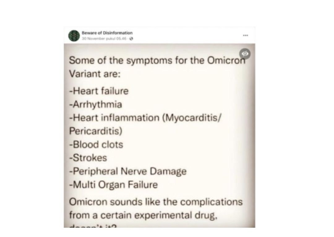 Tangkapan layar unggahan di Facebook yang menyatakan gagal jantung hingga strok adalah gejala Omicron.