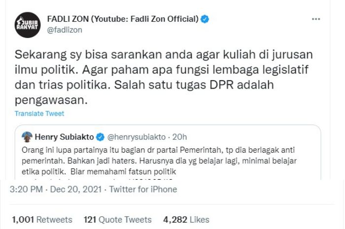 Fadli Zon menilai jika Henry Subiakto lah yang tidak memahami tugas pokok dan fungsi (tupoksi) sebagai DPR.